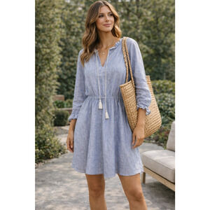 French Curve Linen ruffle V neck Dress Pinstripe Nautical Blue beach lace Sz-M